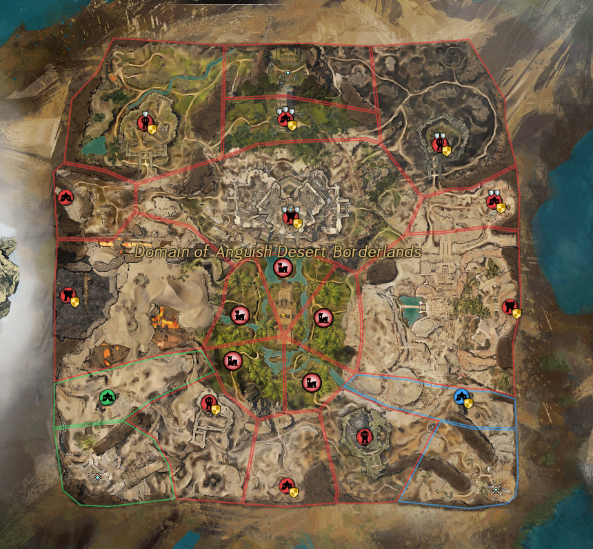 Red Desert Borderlands WvW map — arid terrain with three thematic sub-zones (Fire, Air, Earth)